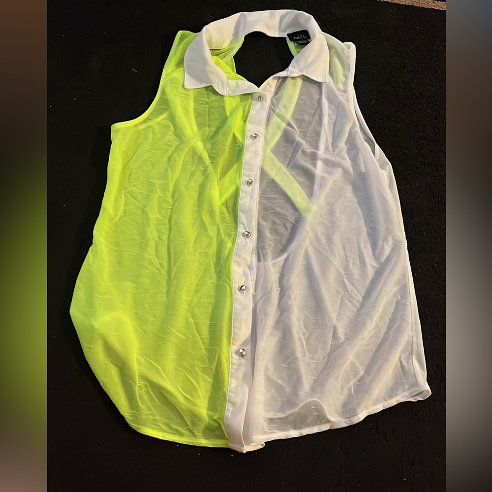 Neon Yellow and White Sleeveless Blouse